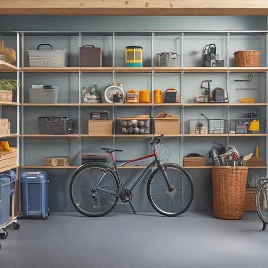 A well-organized garage interior with a sleek, gray shelving unit featuring multiple tiers of storage compartments, baskets, and hooks, surrounded by a tidy workbench and a few bicycles.
