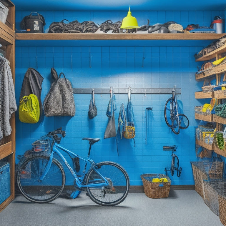 A bright, well-organized garage with a slatwall featuring hooks, bins, and a pegboard, a floor-to-ceiling shelving unit, and a few bikes and tools arranged neatly on the floor.