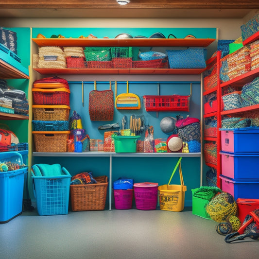 A cluttered garage transformed into an organized space with colorful bins and baskets of varying sizes, stacked and labeled, with a few tools and sports equipment neatly stored inside.