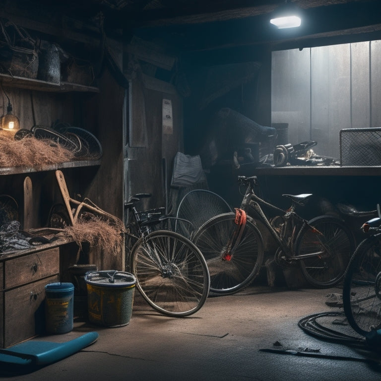A dimly lit garage with scattered sports equipment, dusty bicycles, and rusty tools, surrounded by cobwebs, with a faint bicycle wheel or hockey stick visible amidst the clutter.