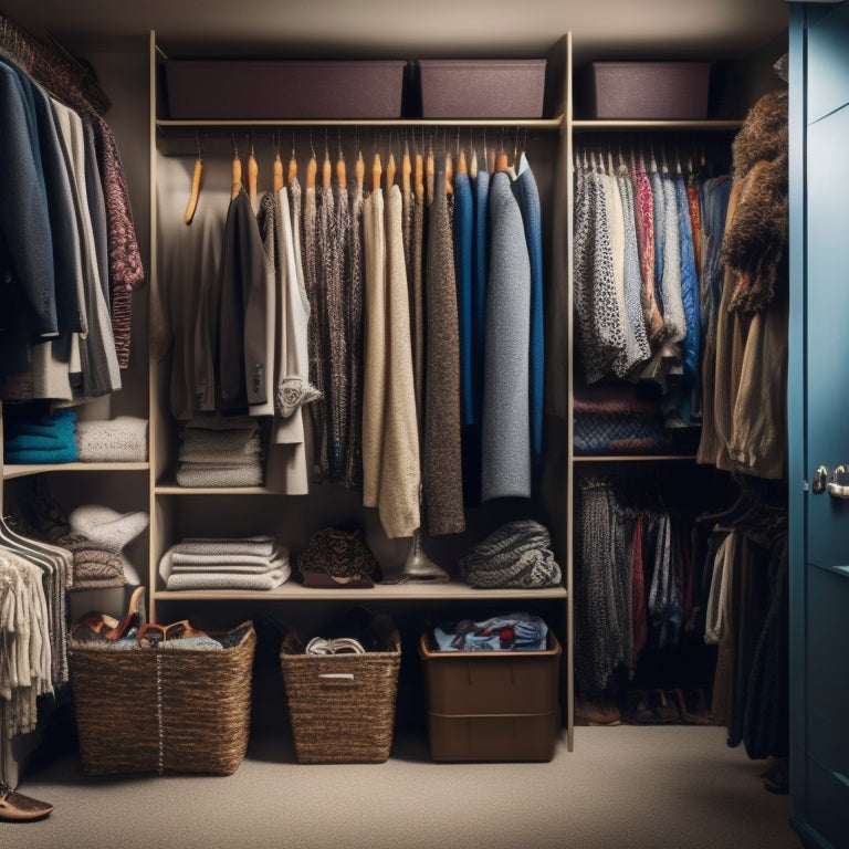 A cluttered closet with clothes overflowing from shelves, contrasted with a tidy garage storage area featuring stacked bins, labeled shelves, and a few garments hanging from a rod, with a slight blur effect in the background.