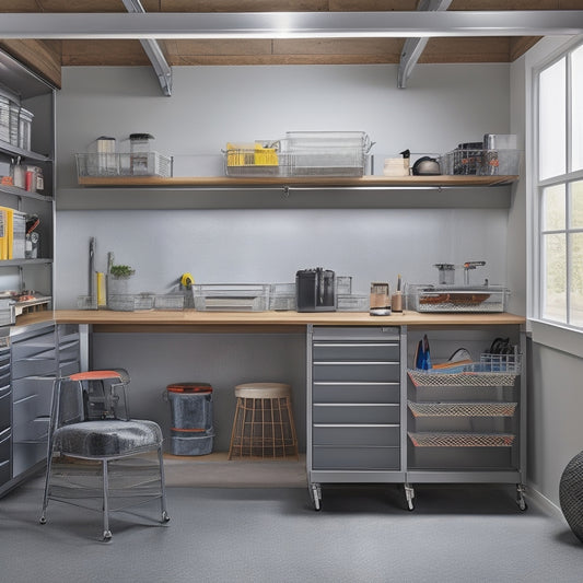 A well-organized garage with a sleek, silver, wall-mounted worktable featuring a built-in vice, surrounded by neatly stored tools, bins, and a ladder, with a subtle, modern lighting ambiance.