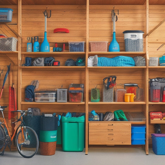 A well-organized garage with pegboards, hooks, and bins storing camping gear, bicycles, and outdoor equipment, with a prominent shelving unit in the center holding labeled storage containers.