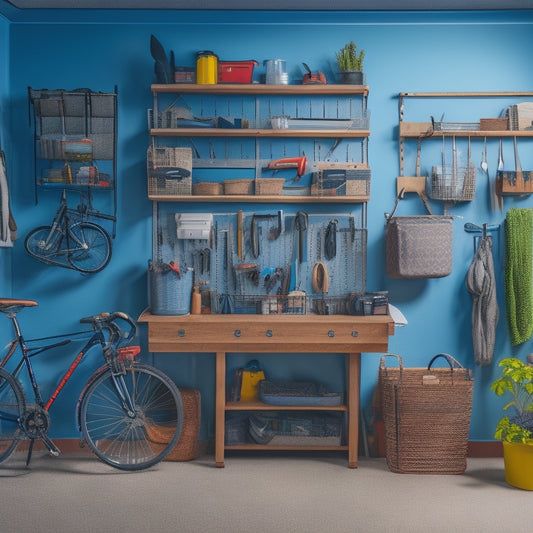 A cluttered corner garage with a workbench, tools, and storage bins, transformed into an organized space with a slatwall, baskets, and a pegboard, with a bicycle and gardening equipment neatly stored.