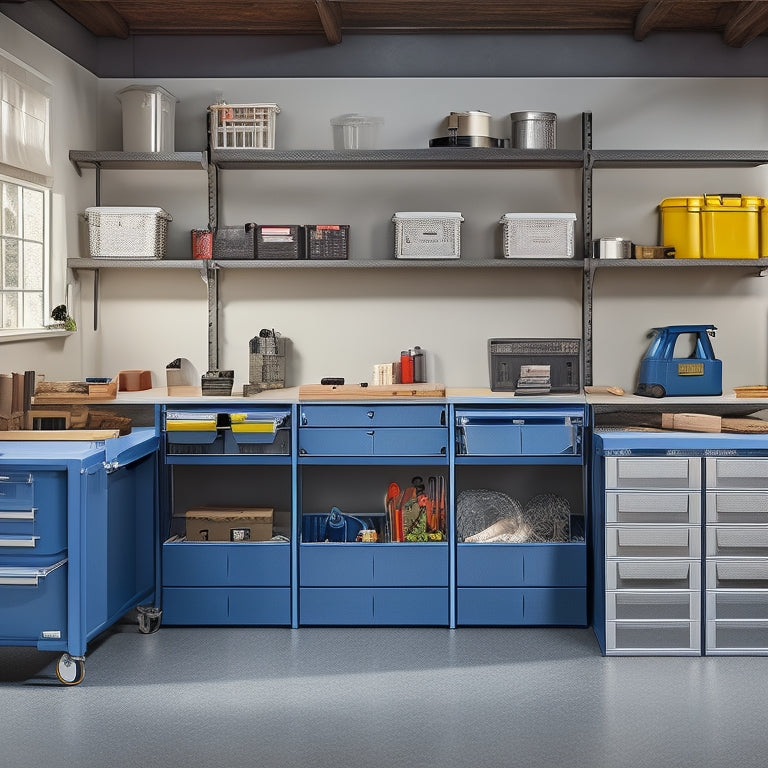 A well-organized garage with a sleek, silver toolbox in the center, surrounded by neatly labeled storage bins, a tidy workbench, and a few strategically placed hooks, set against a clean, gray background.