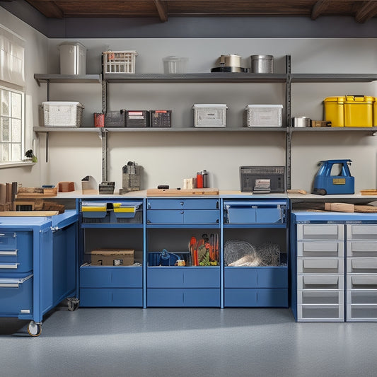 A well-organized garage with a sleek, silver toolbox in the center, surrounded by neatly labeled storage bins, a tidy workbench, and a few strategically placed hooks, set against a clean, gray background.