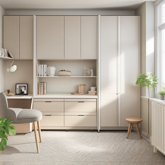 A modern, minimalist studio apartment with a murphy bed, a compact desk, and a sleek shelving unit with woven baskets, all in a calming neutral color palette with plenty of natural light.