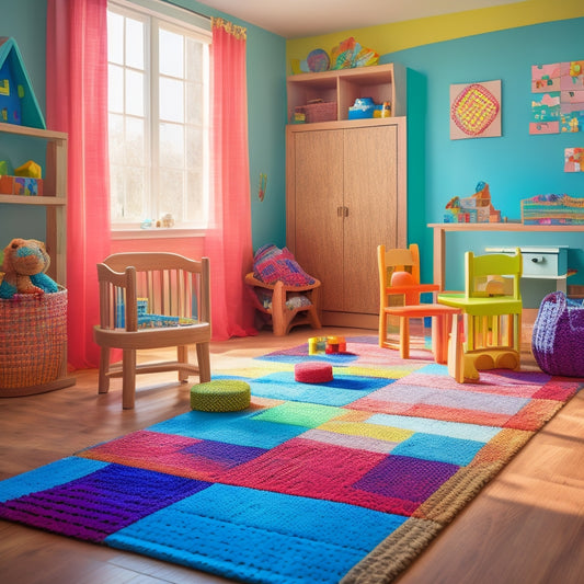 A colorful, sunlit playroom with a wooden floor, featuring a child-sized table with a puzzle, a woven basket filled with wooden blocks, and a cozy reading nook with a plush rug and floor pillows.