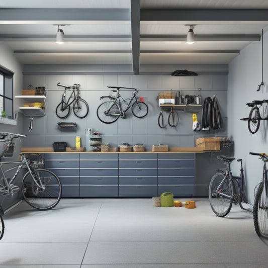 A modern garage with sleek, gray slatwall panels covering the walls, adorned with neatly organized tools and accessories, and a few bicycles and storage bins hanging from the ceiling.