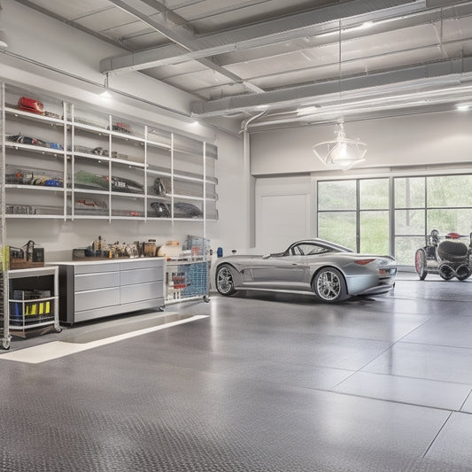 A modern, well-organized garage with a sleek epoxy floor, featuring a wall-mounted pegboard, stainless steel cabinets, and a silver sports car parked in the center, surrounded by ample empty space.