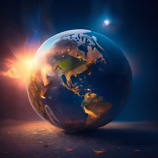 A globe cracked in half, with broken puzzle pieces of varied sizes and shapes scattered around, surrounded by a halo of light, amidst a dark background with subtle, swirling clouds.