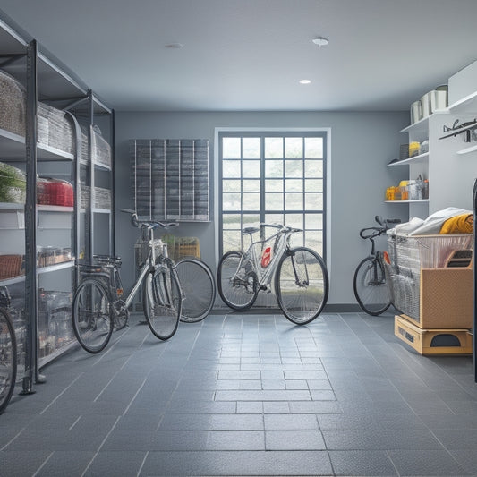 A clutter-free garage with sleek, silver storage racks, holding organized bins and baskets, alongside a clean, epoxy-coated floor, and a few strategically placed, shiny bicycles.
