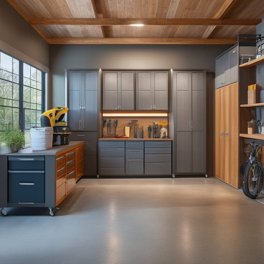 A modern, well-lit garage interior with custom-built storage cabinets in a warm wood tone, adorned with sleek metal handles, and filled with organized tools and sporting equipment, against a light-gray concrete floor.