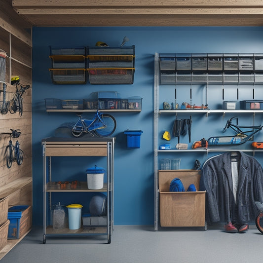 An organized small garage with a slatwall, hooks, and bins, a bike lifted on a pulley system, a workbench with a vice, and a sleek shelving unit with labeled storage containers.