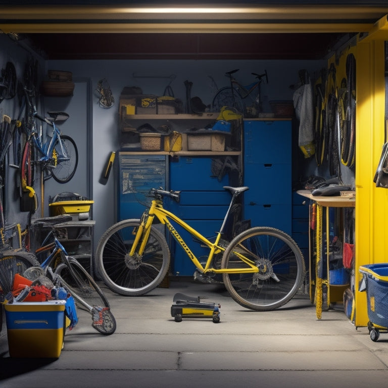 A cluttered garage with a mix of tools, bikes, and storage bins stacked haphazardly, with a few items spilling out onto the driveway, and a bright yellow measuring tape stretched across the doorway.