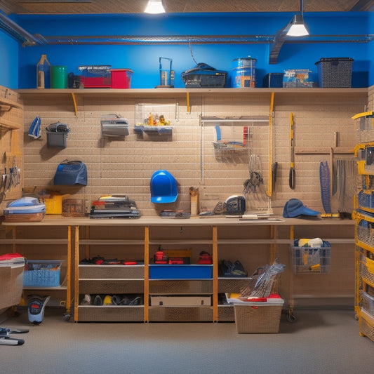 A clutter-free garage with a pegboard wall, labeled bins on shelves, a slatwall with hooks, and a DIY workstation with a vice and a toolbox, lit by warm overhead lighting.