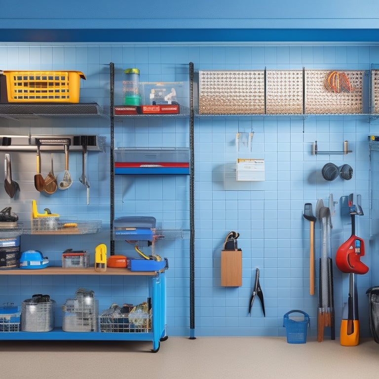 A well-organized garage with a sleek, silver Pegboard covering one wall, holding various tools and accessories, alongside a floor-to-ceiling shelving unit with labeled bins and a sliding ladder.