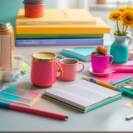 A beautifully organized desk with a variety of colorful DIY planners, pens, and washi tapes, surrounded by a few scattered inspirational quotes on sticky notes and a steaming cup of coffee.