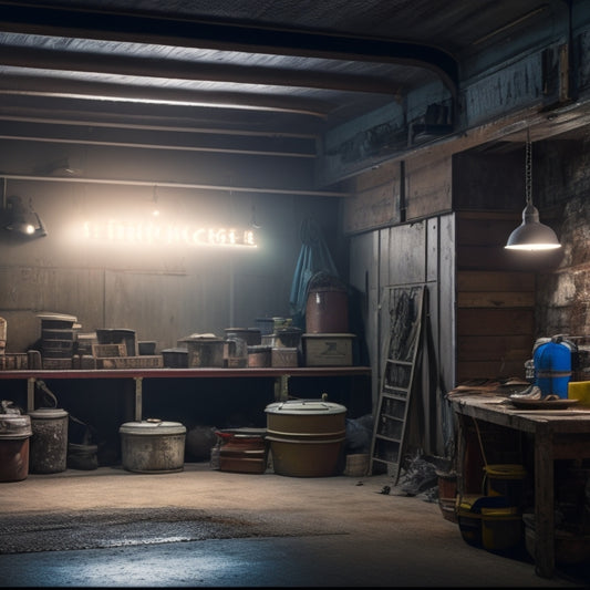 A dimly lit garage with a single flickering light bulb, rusty metal beams, and old trunks stacked in the corner, with a faint outline of forgotten items hidden behind dusty ceiling tiles.