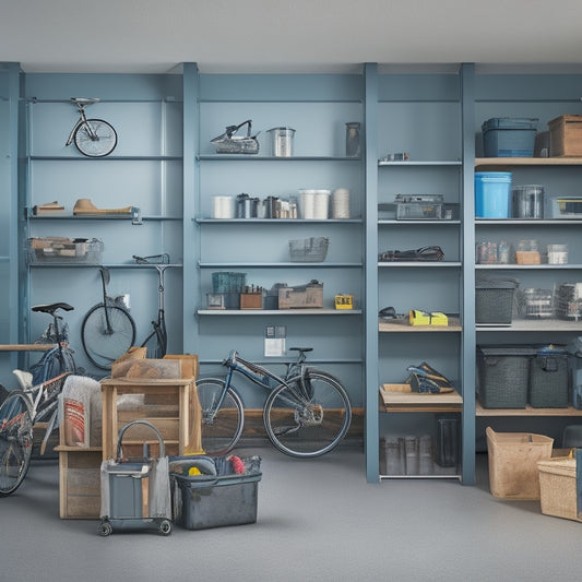 A clutter-free garage with three-tiered shelving units, each holding bins, tools, and storage containers, against a sleek gray wall with a few bicycles and a workbench in the background.