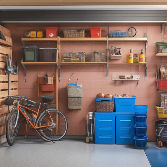 A well-organized garage interior with a slatwall featuring hooks, bins, and baskets, a pegboard with tools, a shelving unit with labeled containers, and a clear floor with a few parked bicycles.