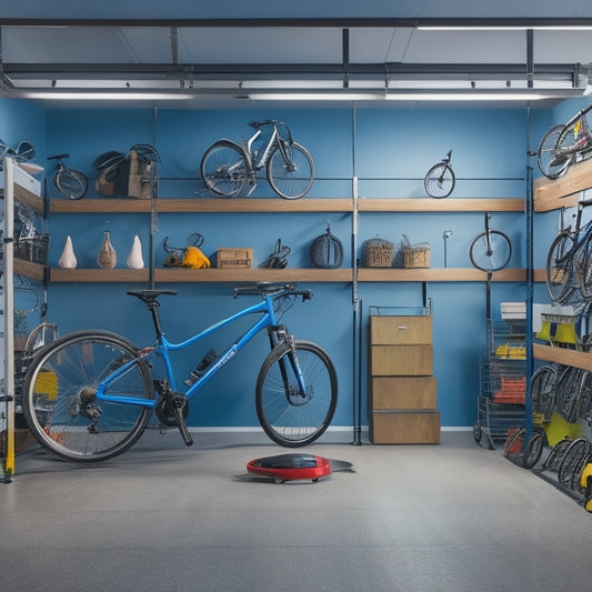 A clutter-free garage with 7 bicycles organized using various storage methods: 3 suspended from the ceiling, 2 on wall-mounted racks, 1 on a floor stand, and 1 hung on a pegboard.