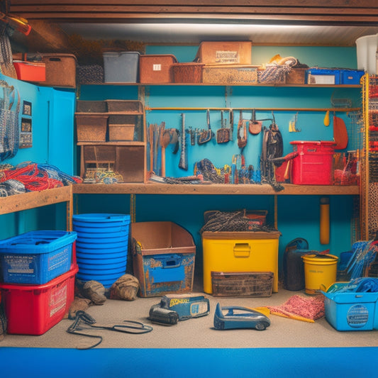 A cluttered garage with stacked boxes, tangled cords, and scattered tools, contrasted with a clean and organized section featuring labeled bins, a pegboard, and a few neatly arranged items.