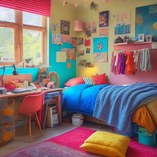A messy dorm room with a cluttered desk, unmade bed, and scattered clothes, transformed by a collection of vibrant, eclectic, and colorful DIY posters covering the walls and furniture.