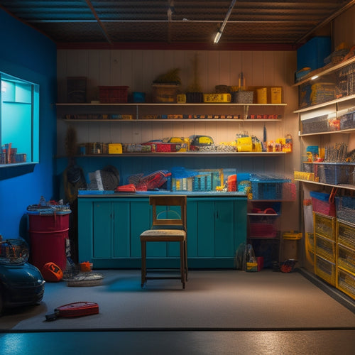 A dimly lit small garage with a single car parked, surrounded by cluttered tools and storage bins, transformed into an organized space with sleek, wall-mounted shelves and a slotted pegboard.