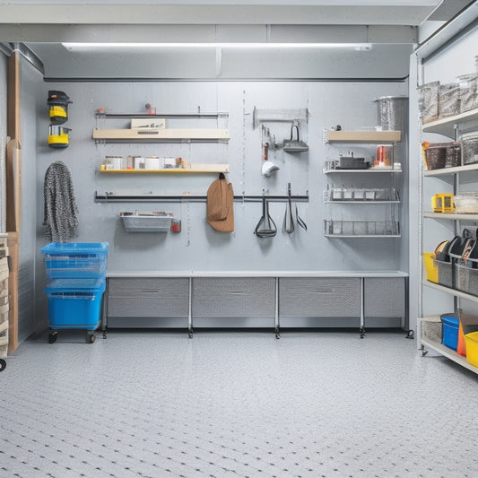 A clutter-free garage with a sleek, gray pegboard adorned with neatly hung tools, a row of matching bins on a shelf, and a polished, epoxy-coated floor.