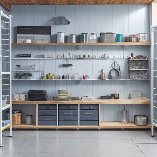 A well-organized garage with sleek, silver shelving units, holding labeled storage bins, a pegboard with hanging tools, and a workbench with a vice, set against a clean, gray concrete floor.