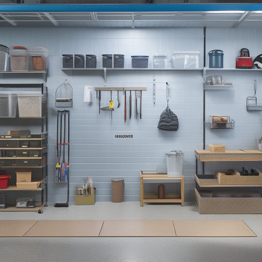 A well-organized garage with a slatwall featuring hooks, bins, and baskets, a sleek workbench with a pegboard, and a floor-to-ceiling shelving unit with labeled storage containers.
