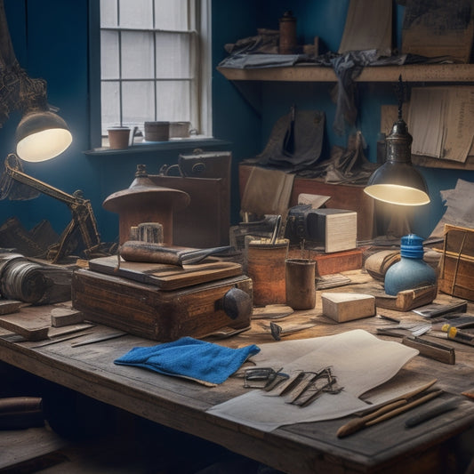 A cluttered workspace with scattered DIY materials: paintbrushes, hammers, screwdrivers, and torn fabric scraps, surrounded by rolled-up blueprints and a vintage wooden desk lamp shining bright.