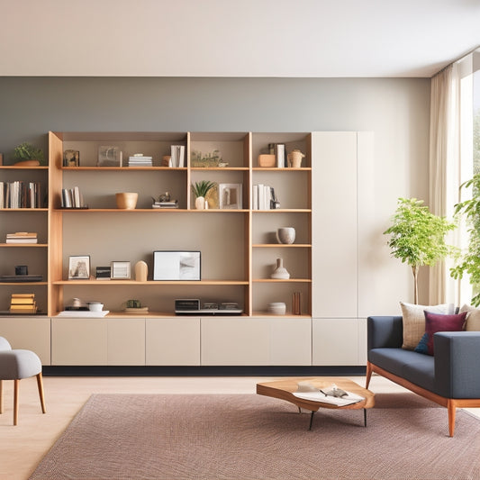 A minimalist, modern living room with a sleek, wall-mounted shelving unit, hidden compartments, and multi-functional furniture pieces, showcasing clever storage solutions in a clutter-free environment.