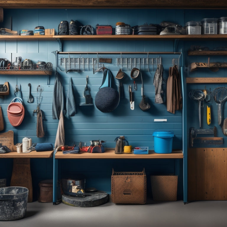 A tidy garage with a slatwall featuring a mix of small bins, baskets, and hooks, holding items like balls, gloves, and tools, alongside a pegboard with hanging accessories.