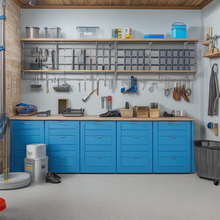 A clutter-free garage with a slatwall, hooks, and bins, featuring a neatly organized workbench, a pegboard with tools, and a floor with labeled zones for parking, storage, and a workstation.