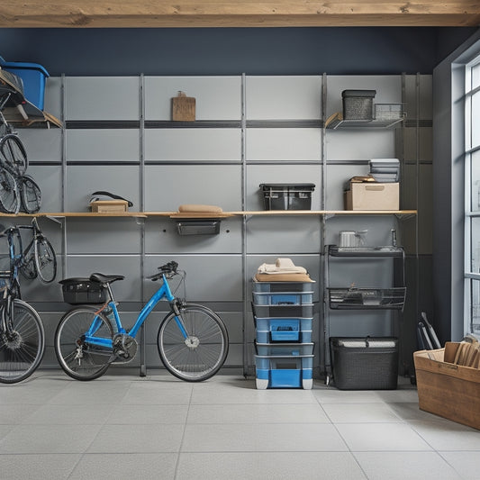 A well-organized garage interior with slatwall panels, adjustable shelves, and sleek metal brackets in a silver finish, holding various tools and storage bins, with a few bicycles and luggage in the background.