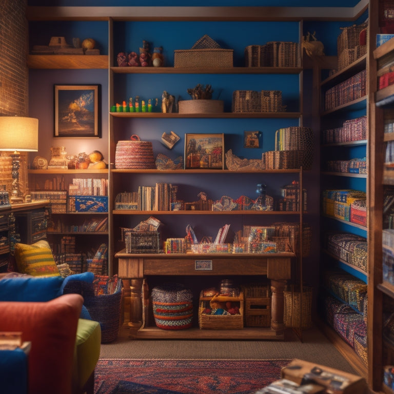 A colorful, organized game room with stackable wooden crates, woven baskets, and transparent shelves, holding various board games, puzzle boxes, and gaming accessories, amidst a warm, cozy atmosphere.