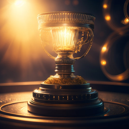 A trophy with a glowing, golden light emanating from it, surrounded by a halo of light bulbs, amidst a subtle background of interconnected gears and circuit boards, symbolizing innovation and excellence.
