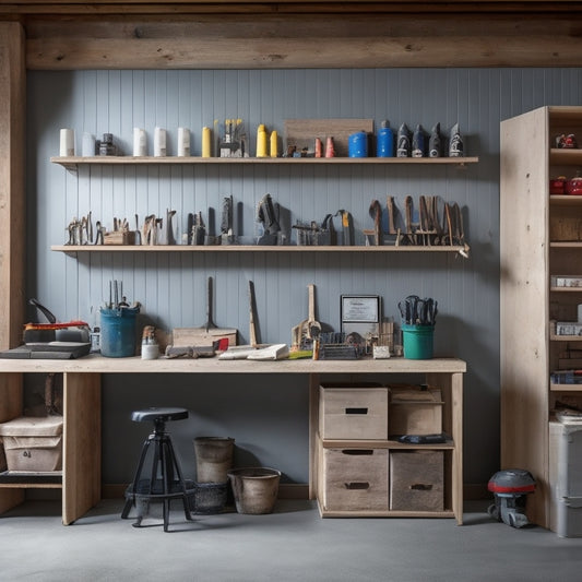 A clutter-free workshop with a sturdy 2x4 shelving unit, holding various DIY tools and materials, against a light-gray concrete wall, with a wooden workbench in the foreground.