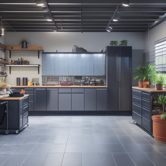 A clutter-free garage with a modern epoxy-coated floor, sleek metal cabinets, and a slatwall with organized tools, surrounded by warm LED lighting and a few potted plants.