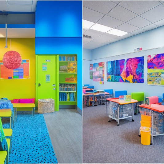A bright, modern classroom with a large, vibrant poster on the wall, printed in high-resolution colors, featuring a collage of students' artwork and a bold, eye-catching design.