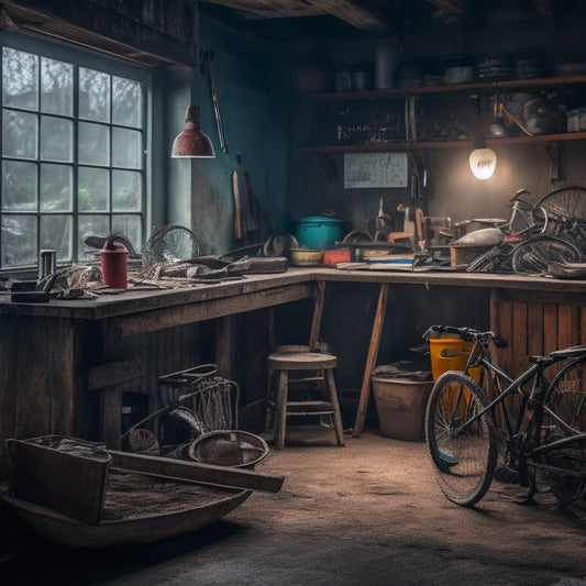 A dimly lit garage interior with a cluttered, rusty bike leaning against a workbench, surrounded by scattered tools, tangled fishing rods, and a crushed kayak paddle, with a faint outdoor landscape visible through a dirty window.