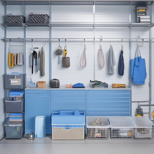 A well-organized garage with a Fasttrack Wall System, featuring sleek silver tracks, assorted hooks, and baskets holding tools, sporting goods, and storage bins, set against a clean, light-gray background.