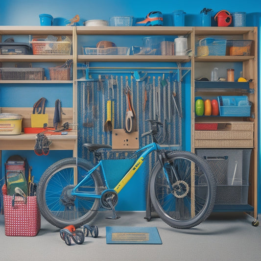 A clutter-free garage with a pegboard adorned with hanging tools, a labeled storage bin system, and a kid's bike suspended from the ceiling, surrounded by a tidy workbench and a few well-organized shelves.
