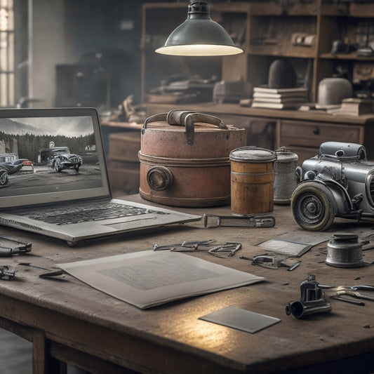 A cluttered workshop table with a vintage Mercedes-Benz factory manual CD lying open, surrounded by scattered tools, a laptop displaying a digital manual, and a sleek, silver Mercedes-Benz model in the background.