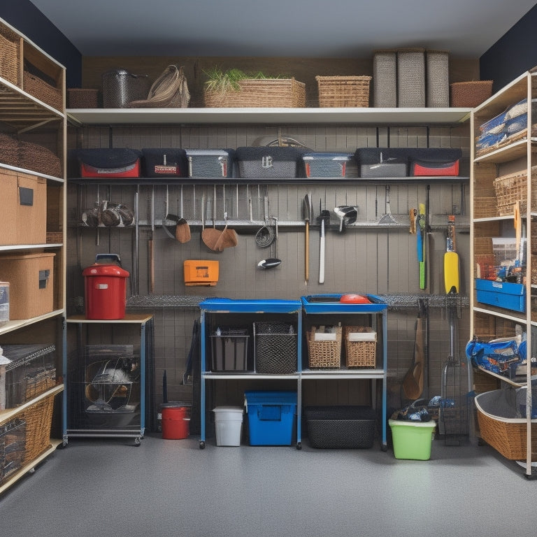 A well-organized garage interior with sliding storage bins and baskets in various shapes, sizes, and materials, filled with tools, sports equipment, and accessories, against a clean and neutral background.