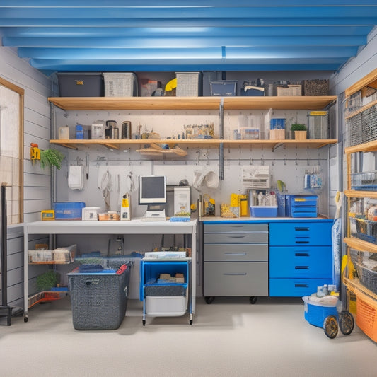 A well-organized garage with labeled bins, a pegboard with hanging tools, a workstation with a vice, and a loft storage area with clear plastic containers, surrounded by a clean and polished floor.