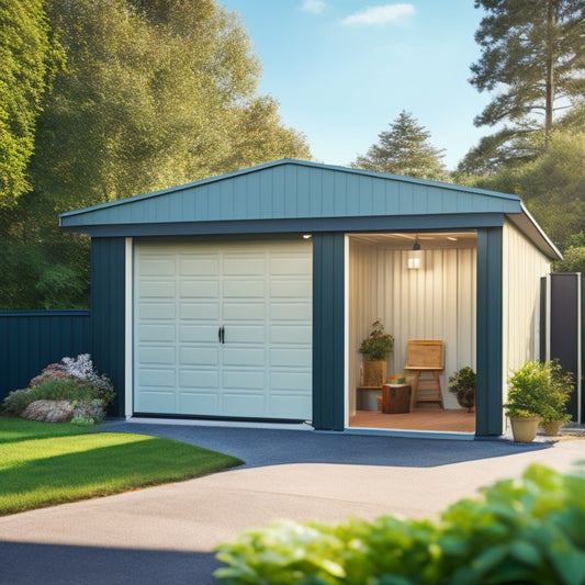 A modern, sleek garage shed with a sloping roof, surrounded by lush greenery, with a partially open door revealing organized storage space and a few tools, set against a serene, sunny backdrop.