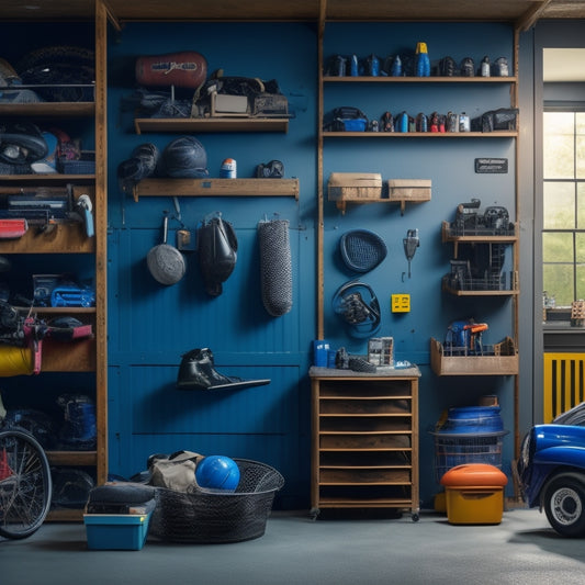 A cluttered garage with scattered tools and sports equipment transforms into an organized space with labeled bins, pegboards, and a slatwall, featuring a sleek, black sports car in the background.
